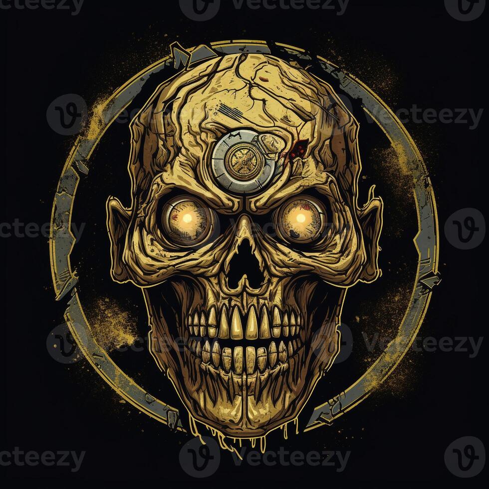 ai gerado esboçado logotipo apresentando uma zumbi dentro ouro em uma Preto fundo. generativo ai foto