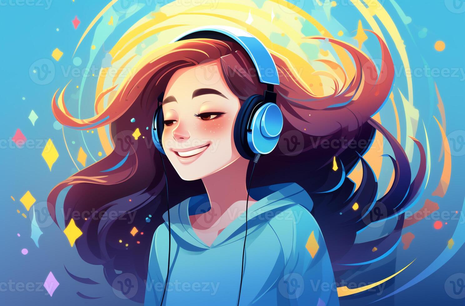 ai gerado desenho animado menina ouvindo para música vetor e apreciar a ritmo ilustração. generativo ai foto