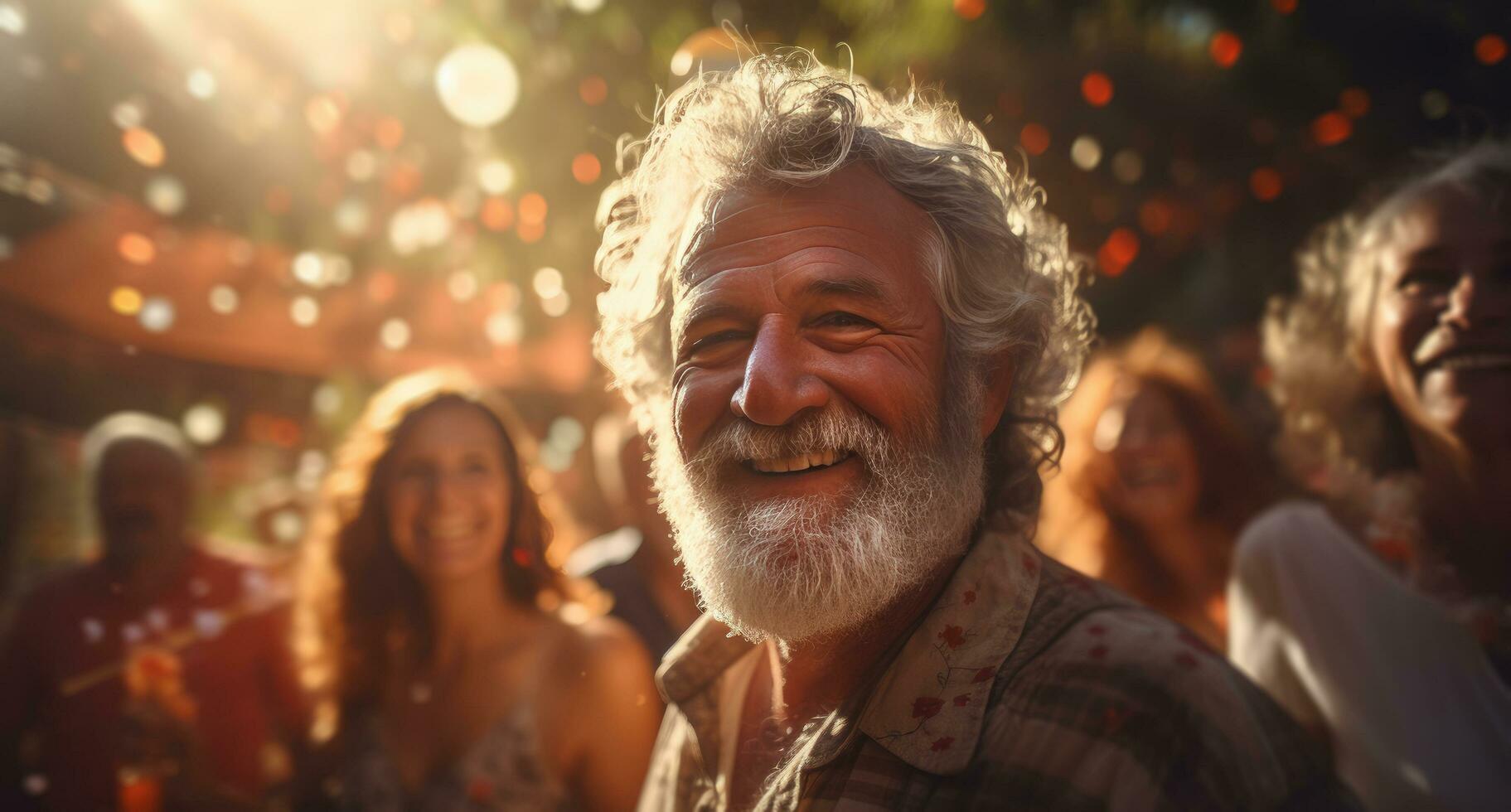 ai gerado Senior grupo às quintal festa tendo uma Boa Tempo festa foto