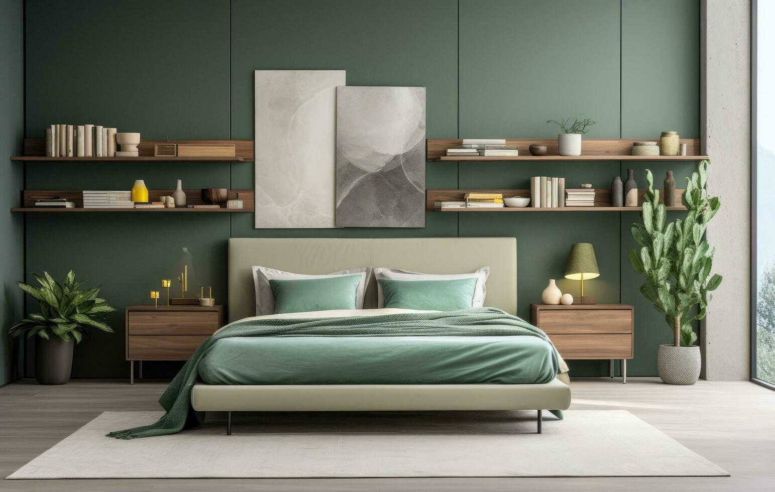 ai gerado mestre quarto verde veludo quarto interior com de madeira prateleiras foto