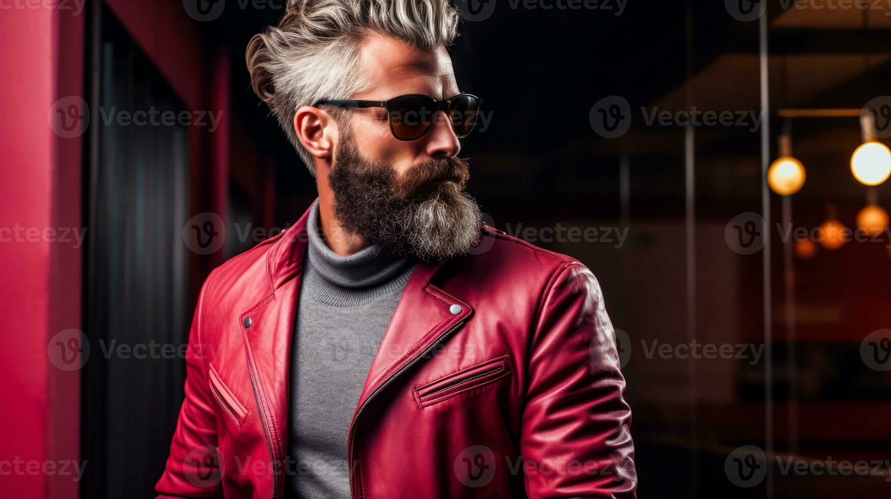 ai gerado à moda barbudo homem dentro vermelho couro Jaqueta vestindo oculos de sol foto