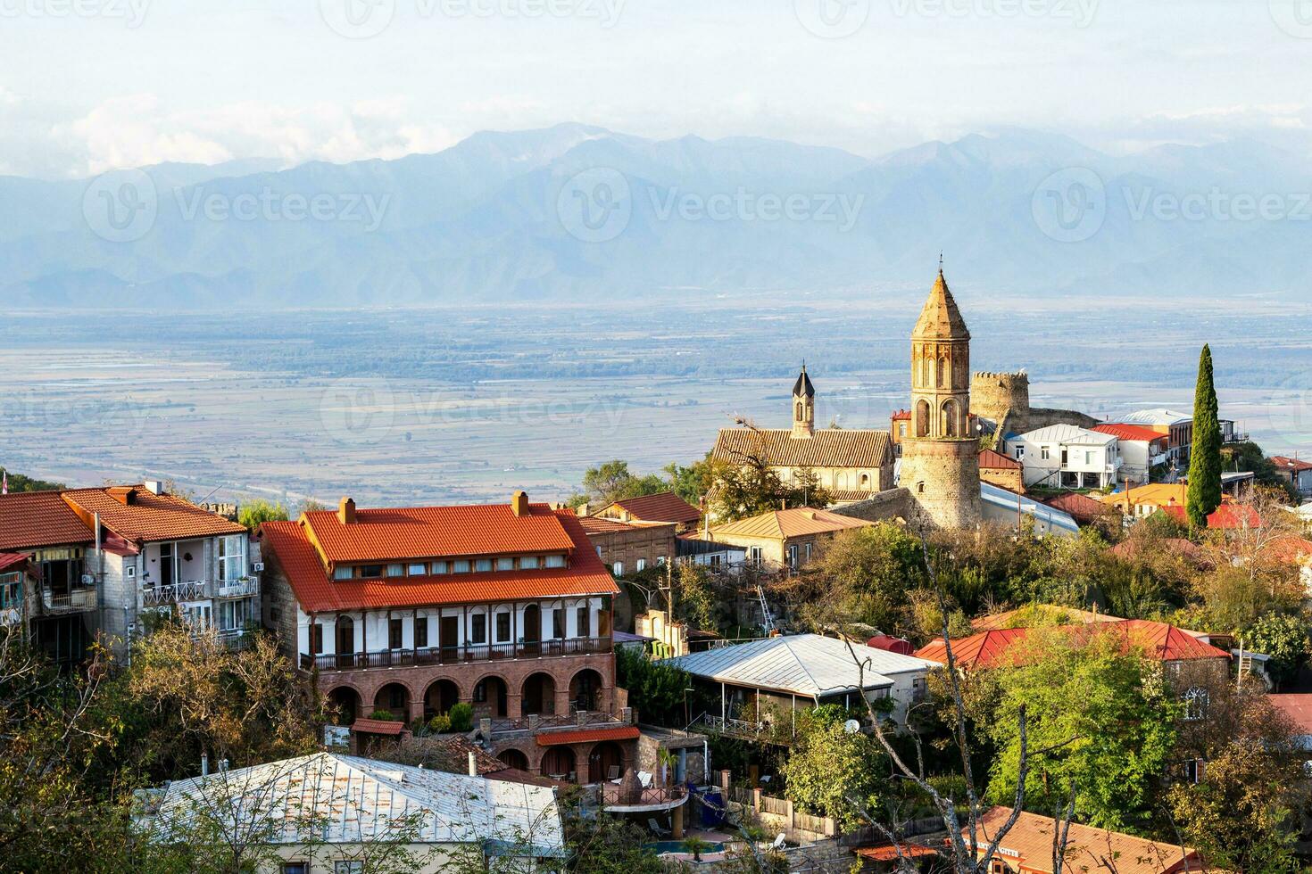 signagi Cidade com catedral sobre alazan vale foto