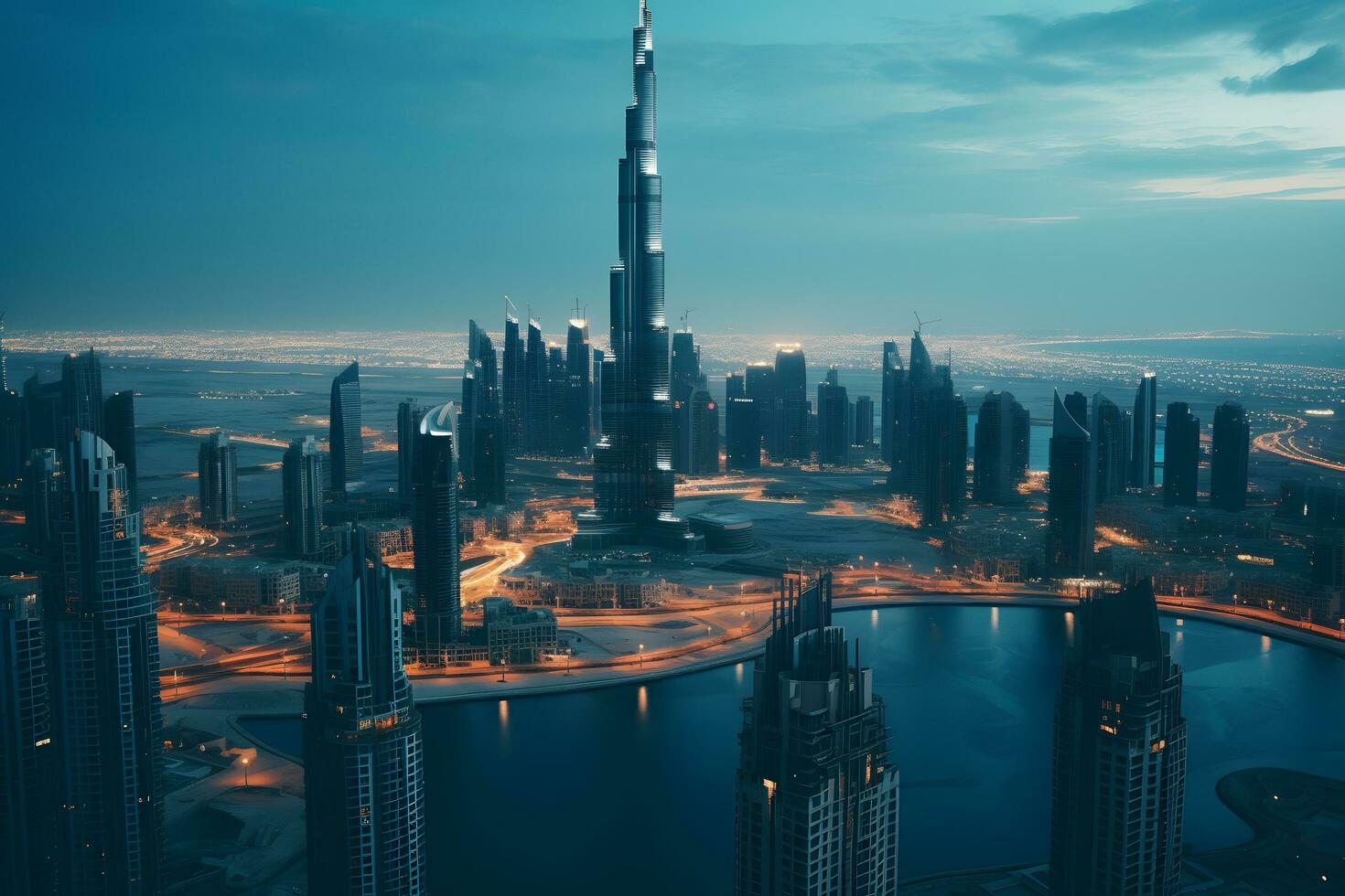 ai gerado aéreo Visão do dubai centro da cidade às pôr do sol, Unidos árabe Emirados foto