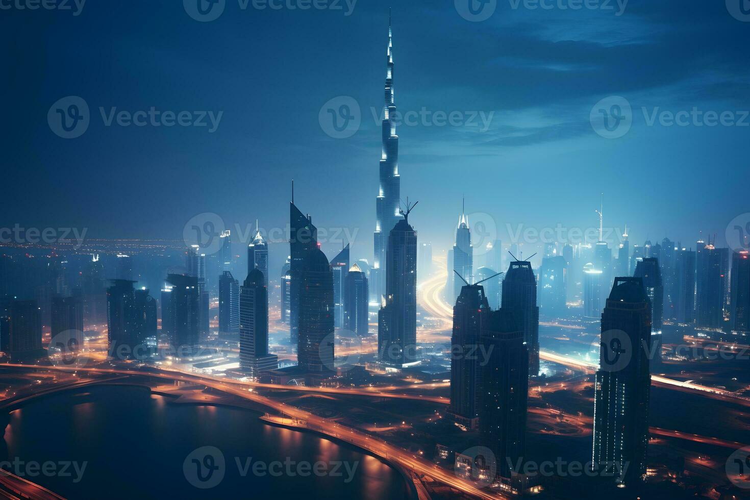 ai gerado aéreo Visão do dubai cidade Horizonte às noite, Unidos árabe Emirados foto