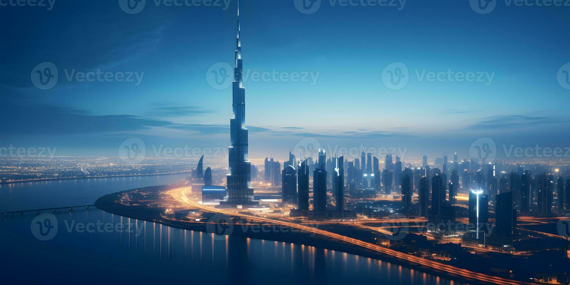 ai gerado aéreo Visão do dubai cidade Horizonte às noite, Unidos árabe Emirados foto