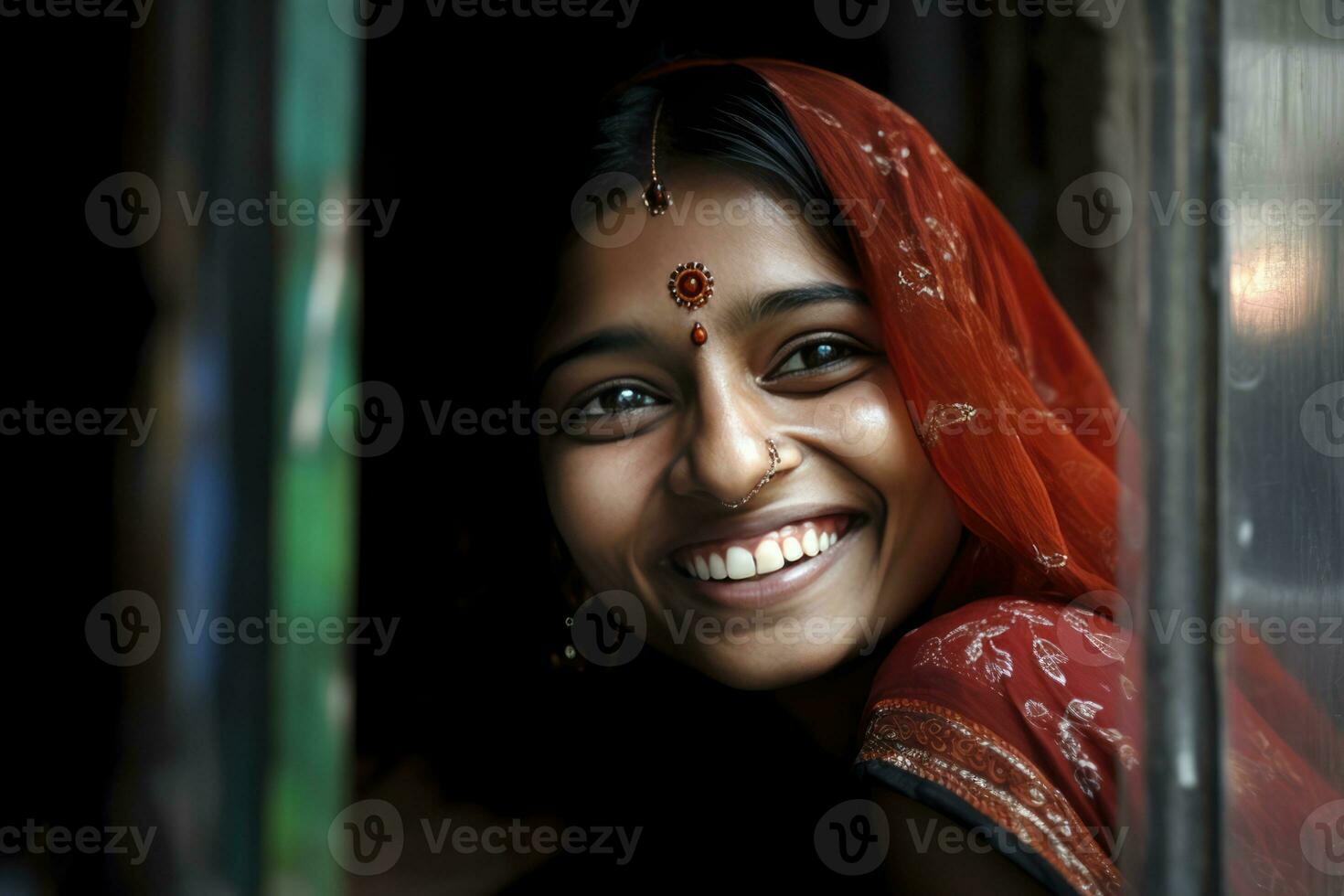 ai gerado uma sorridente indiano mulher vestindo tradicional traje foto