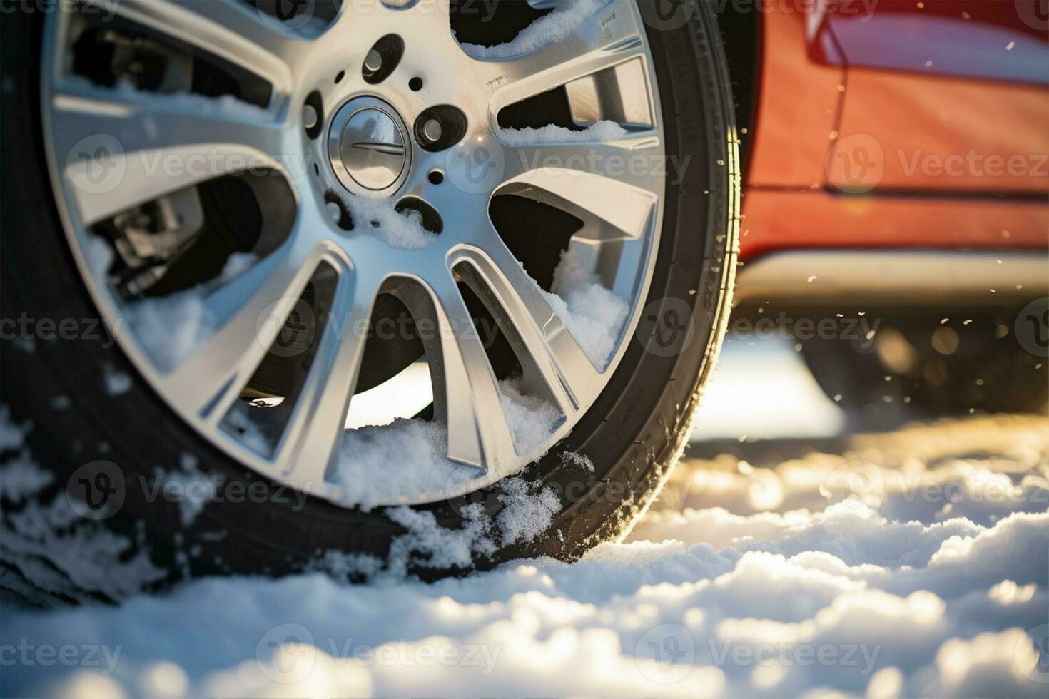 ai gerado roda com inverno carro pneu em Nevado estrada foto