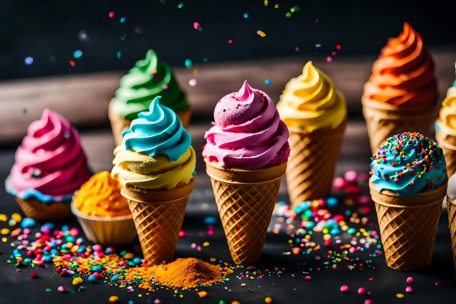 ai gerado colorida gelo creme cones com granulados em uma Preto fundo foto