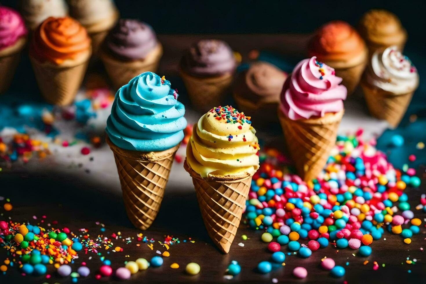 ai gerado colorida gelo creme cones com granulados em uma mesa foto