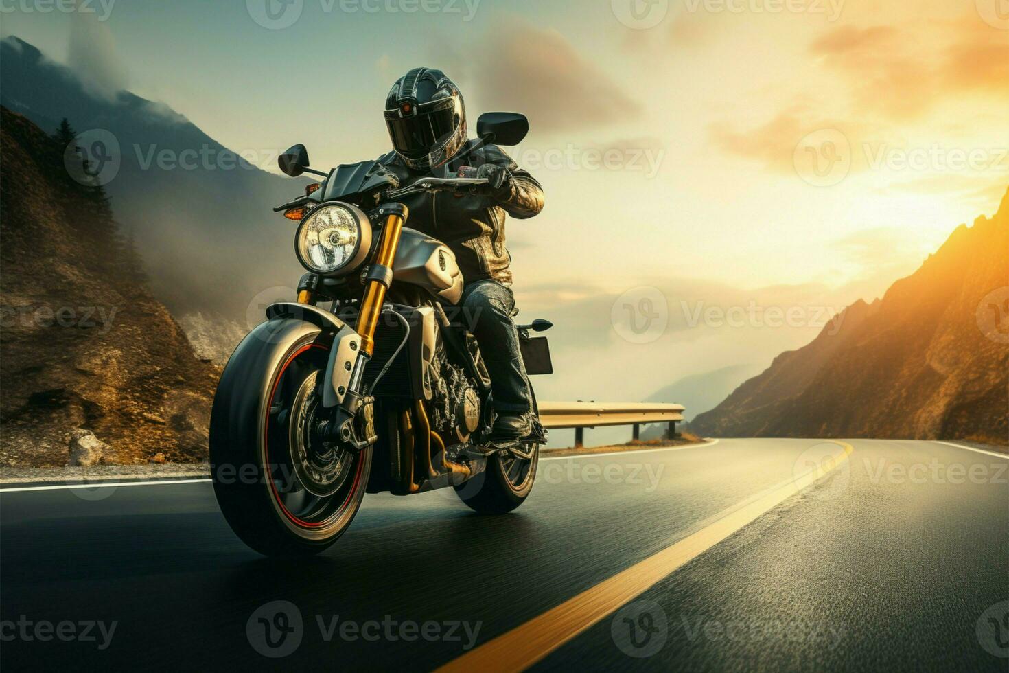 ai gerado montanha viagem motocicleta cavaleiro cruzeiro através a colinas às pôr do sol foto