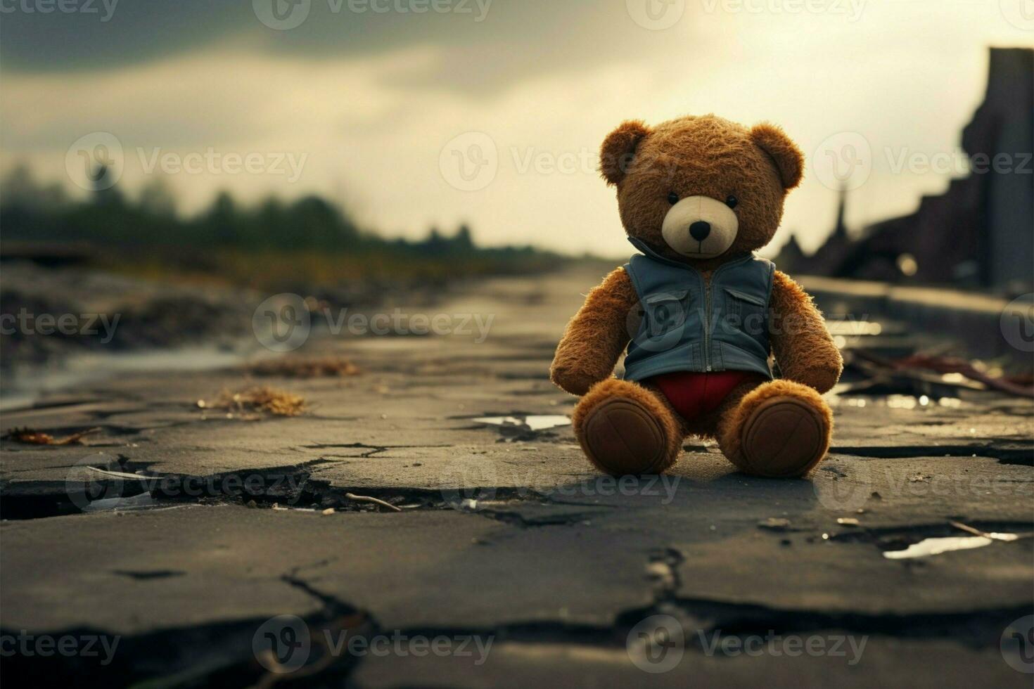 ai gerado abandonado infância solitário Urso brinquedo em uma triste fundo gráfico foto