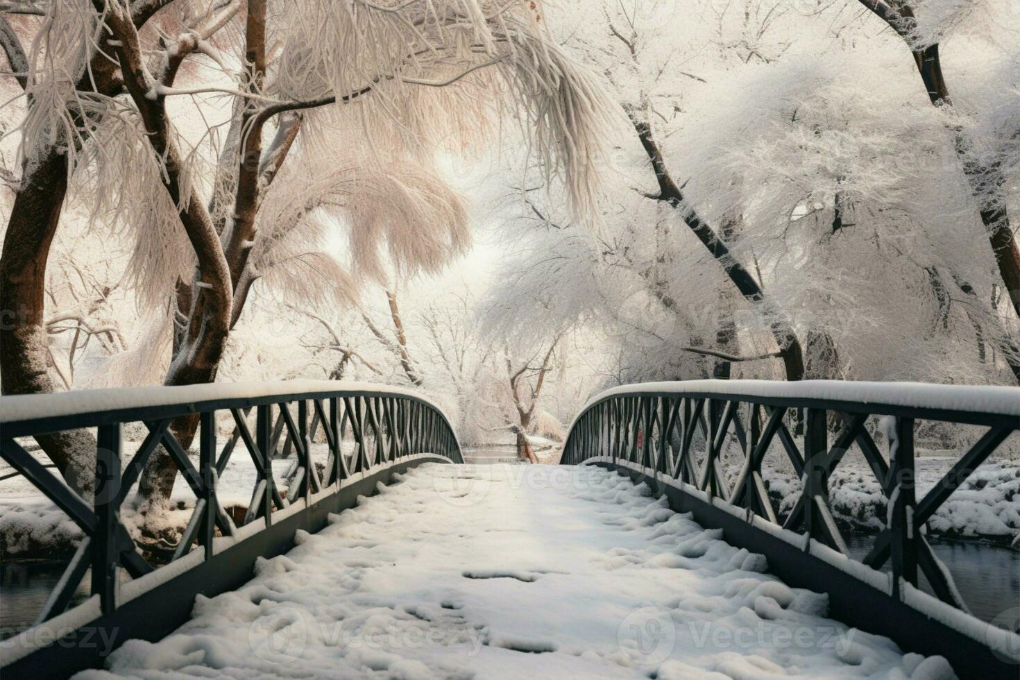 ai gerado inverno maravilha congeladas água, neve coberto árvores, e uma ponte dentro botânico jardim foto