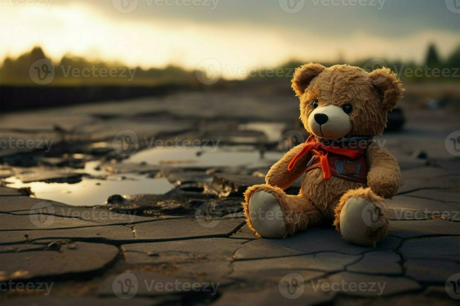 ai gerado perdido inocência solitário quebrado Urso brinquedo em uma triste fundo foto