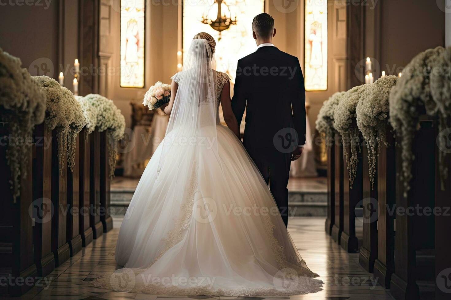 ai gerado lindo caucasiano branco noiva e noivo juntos dentro a Igreja foto