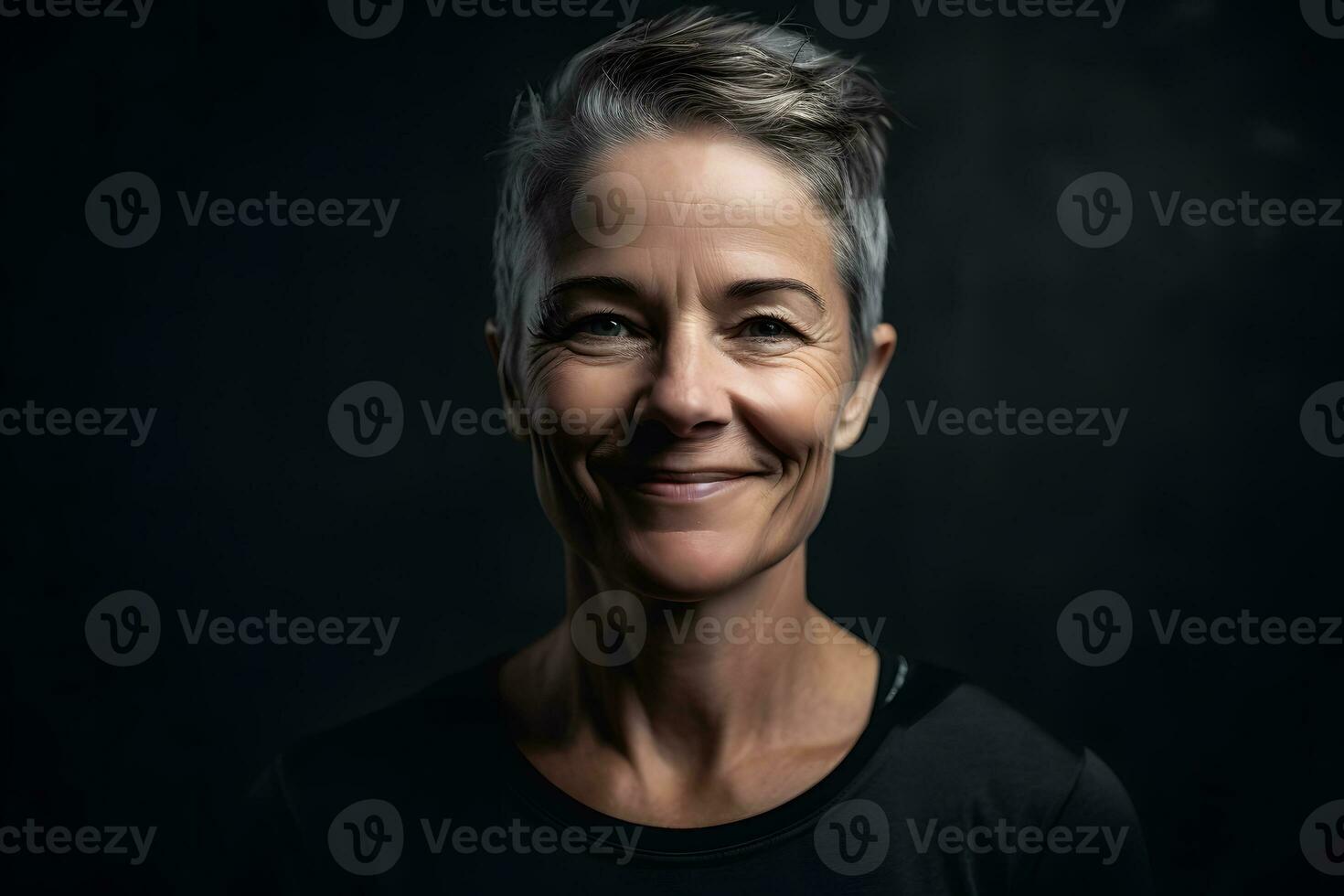 ai gerado lindo mulher sorridente retrato em Sombrio fundo. neural rede ai gerado foto