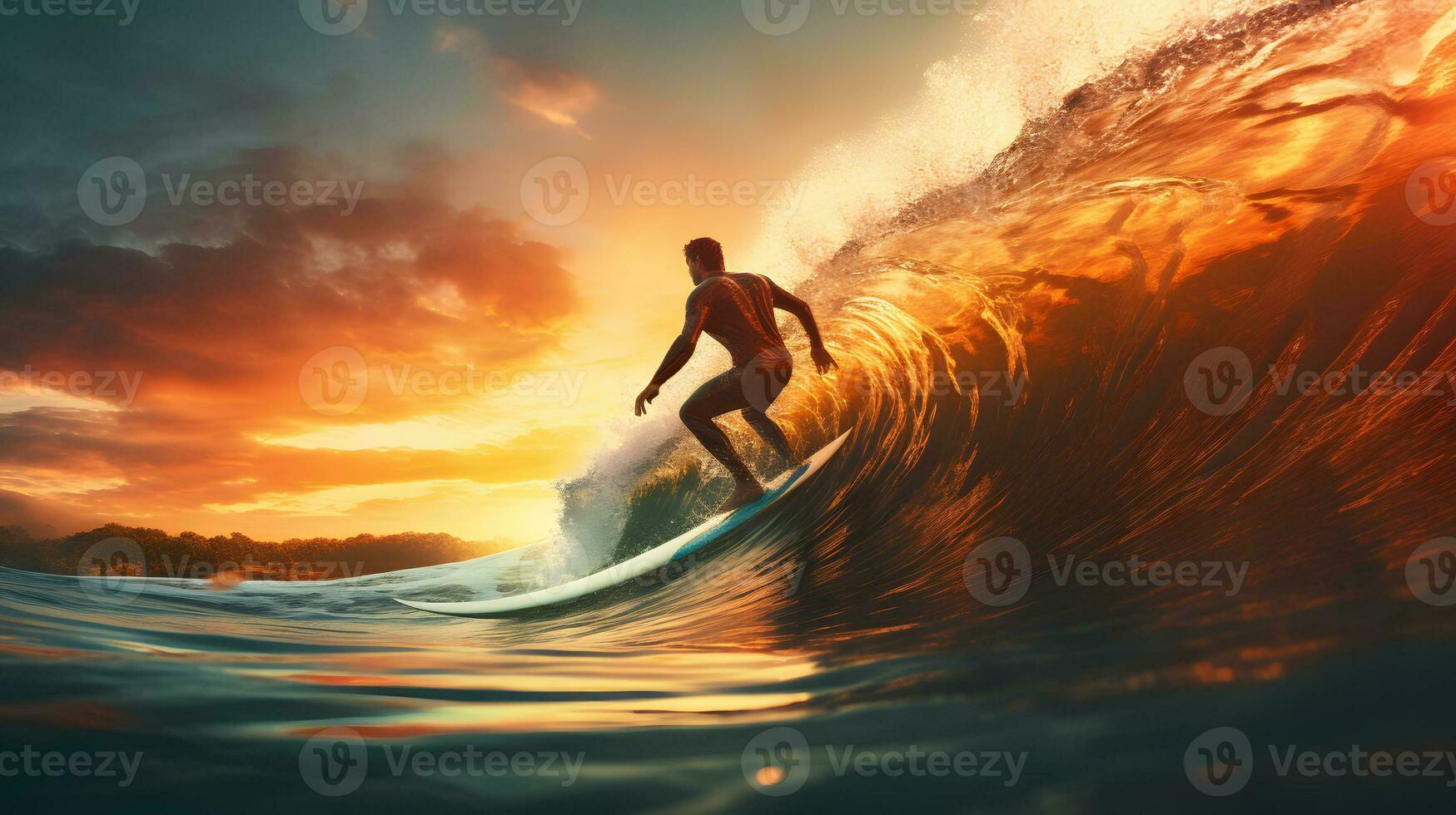ai gerado surfista em a oceano onda às pôr do sol foto