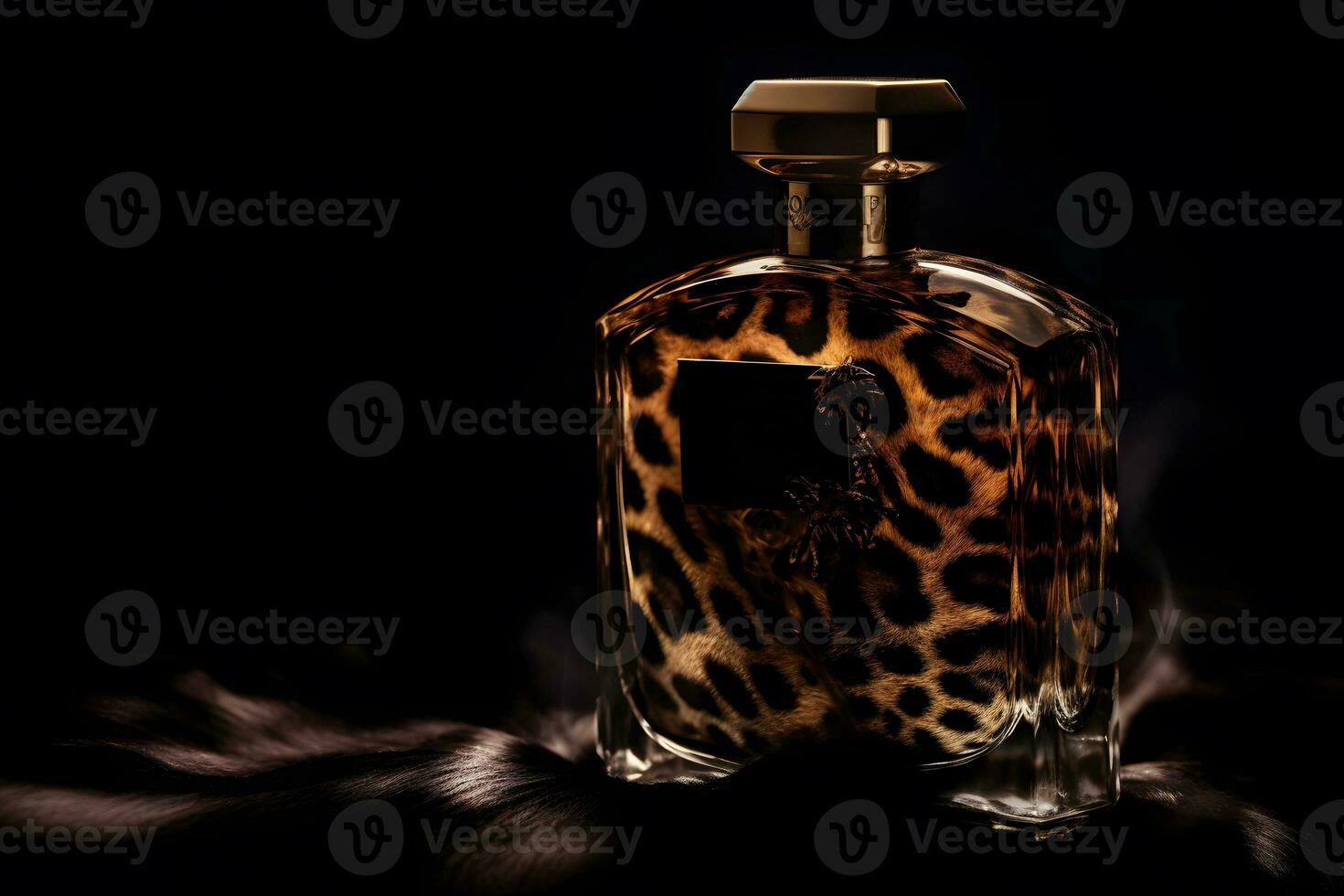 ai gerado mulheres perfume dentro uma vidro garrafa em uma Sombrio fundo dentro leopardo selvagem Projeto. neural rede ai gerado foto