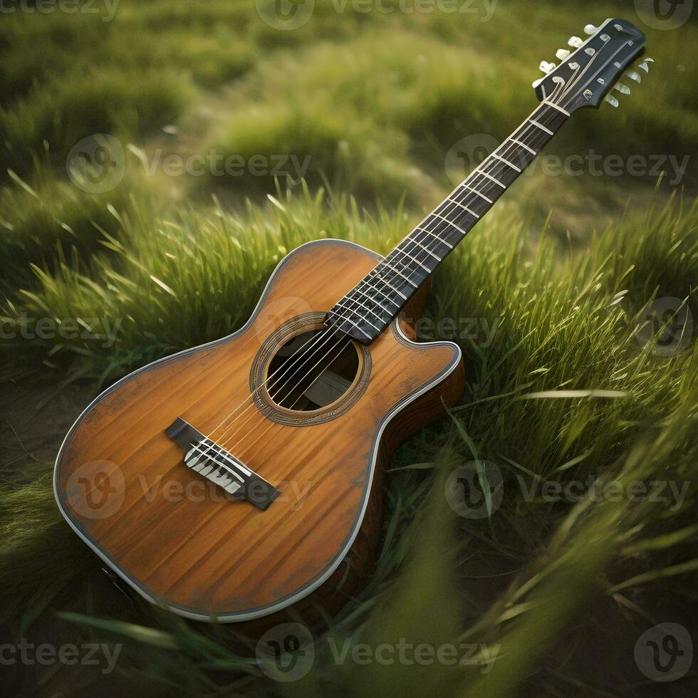 ai gerado acústico guitarra em verde Relva fundo. generativo ai foto