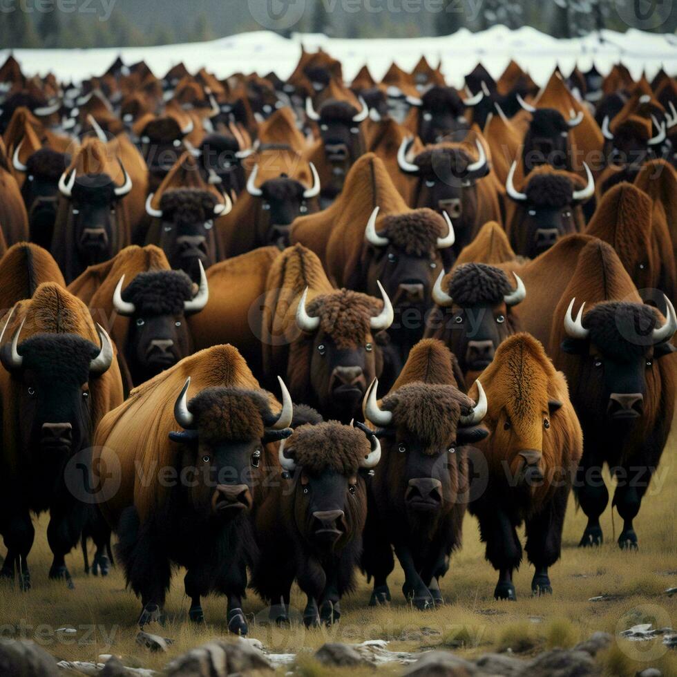 ai gerado búfalo rebanho em a pastagem dentro Yellowstone nacional parque, generativo ai foto