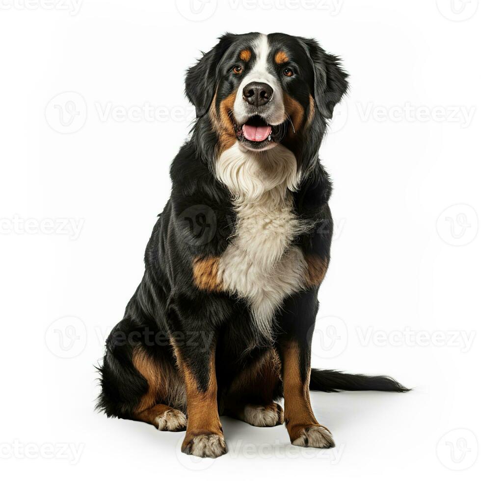 ai gerado Bernese montanha cachorro de raça pura sentado em branco foto