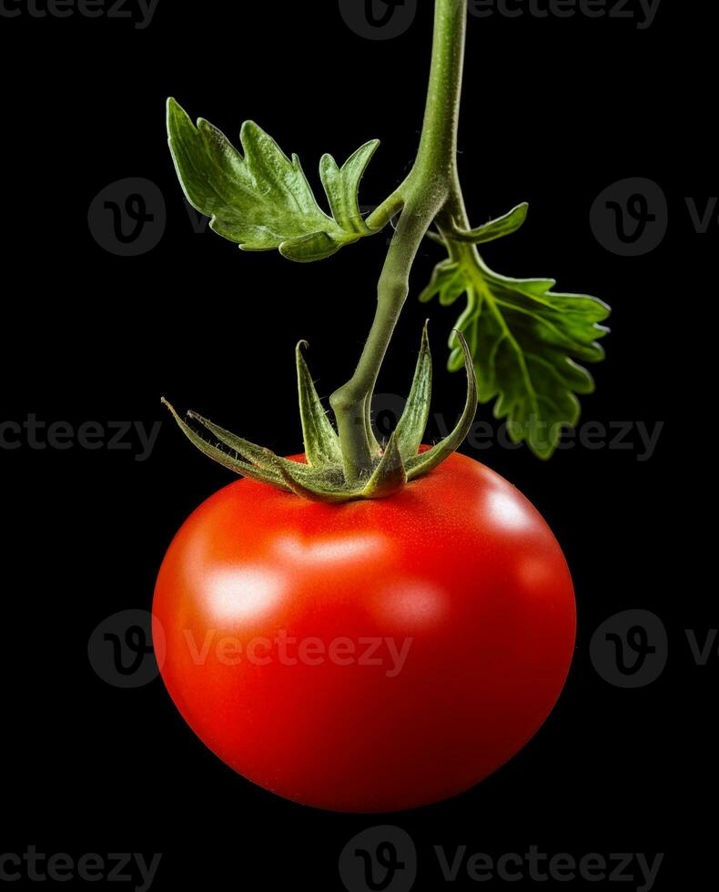 1 tomate em ramo com folhas sobre Preto fundo com cópia de espaço, ai gerado foto
