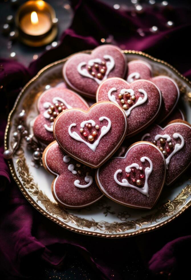 ai gerado em forma de coração Pão de gengibre biscoitos com geléia em uma prato foto