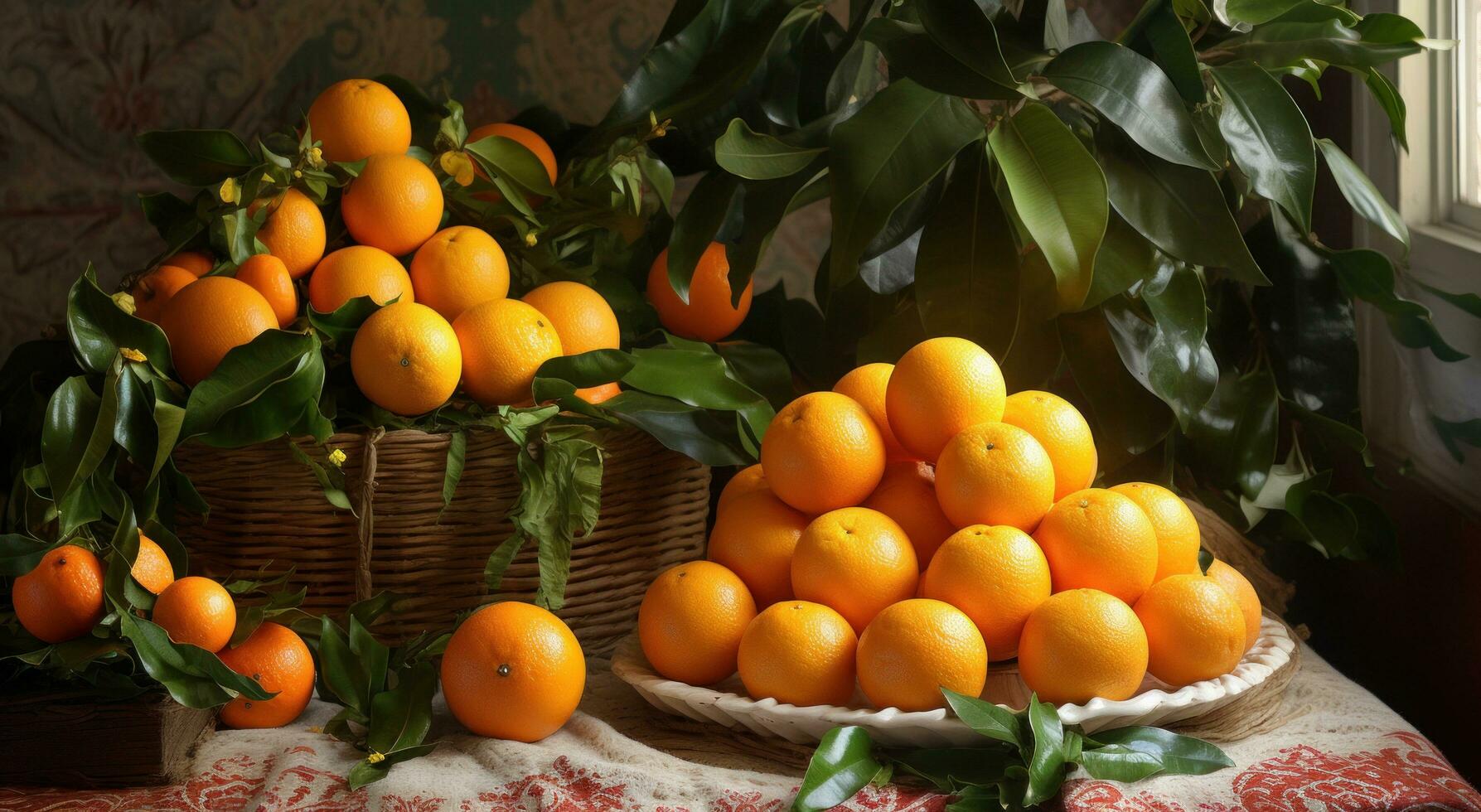 ai gerado fresco laranjas e presentes em uma Natal árvore foto