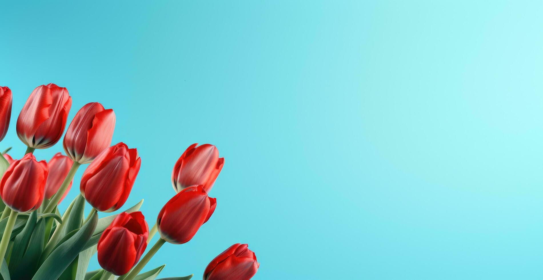 ai gerado vermelho tulipas em uma azul fundo com cópia de espaço foto