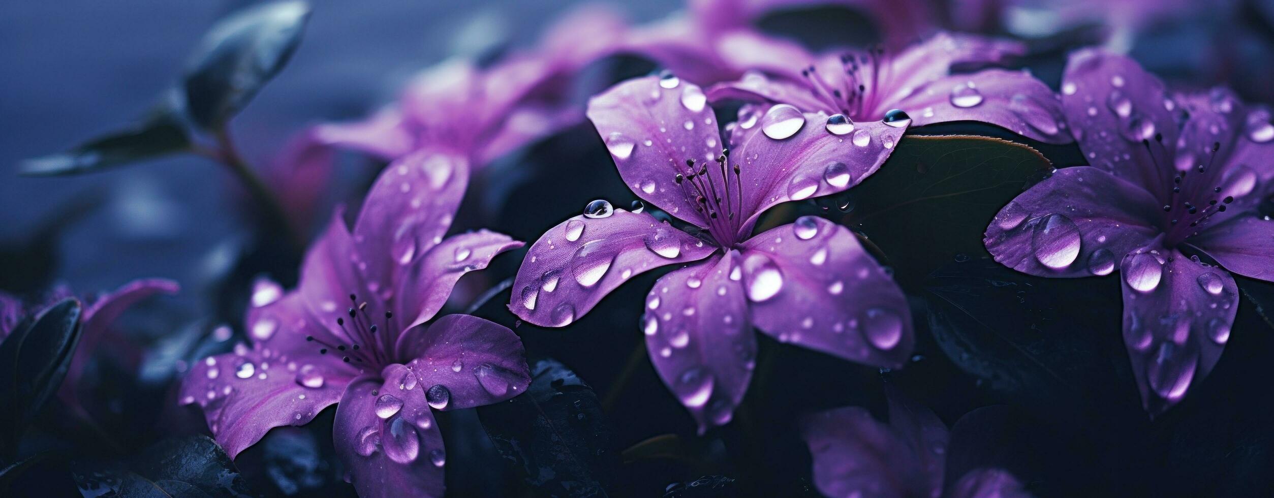 ai gerado lindo água gotas a partir de roxa flores foto