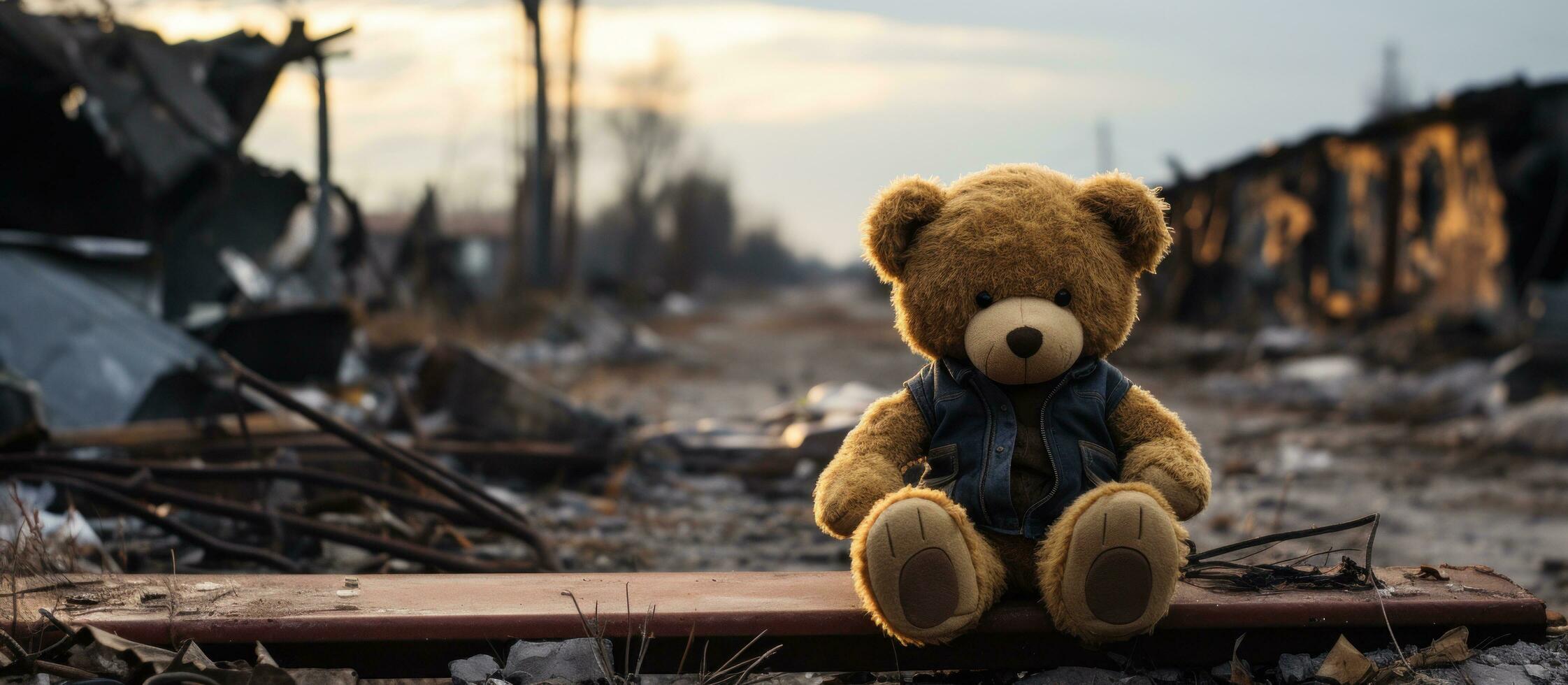 ai gerado uma Urso de pelúcia Urso sentado em uma quebrado caminho foto