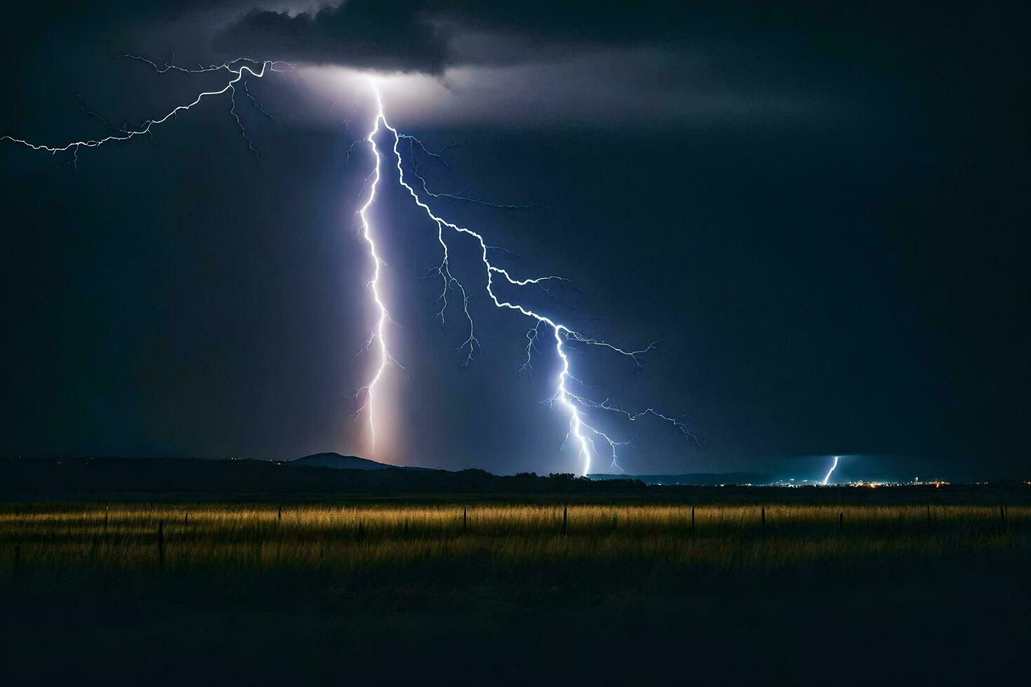 ai gerado relâmpago greves sobre uma campo dentro a Sombrio foto