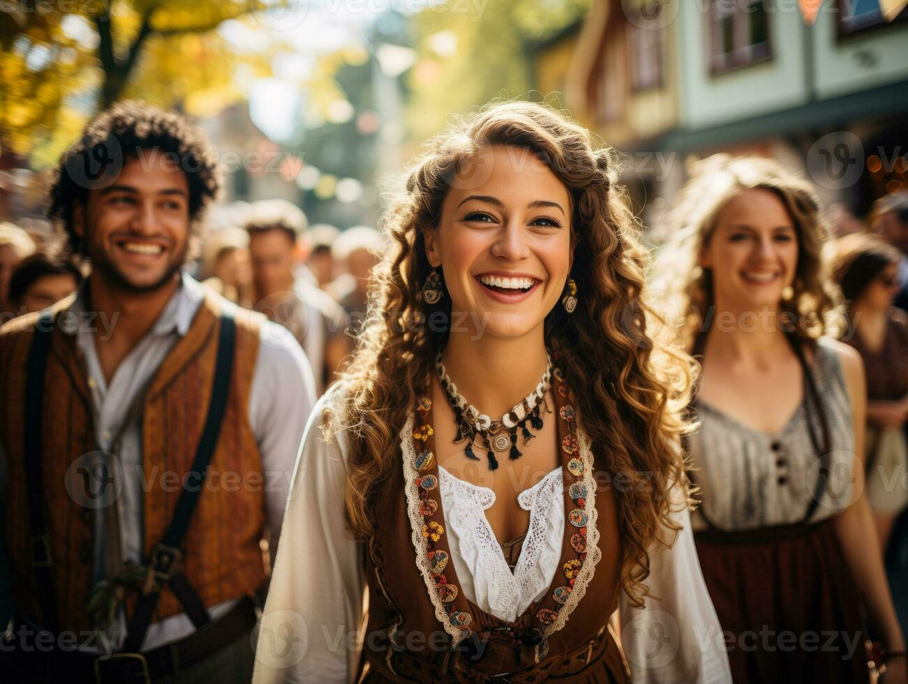 ai gerado uma festivo oktoberfest parada cena com participantes dentro tradicional alemão vestuário música bandas e cultural decorações foto