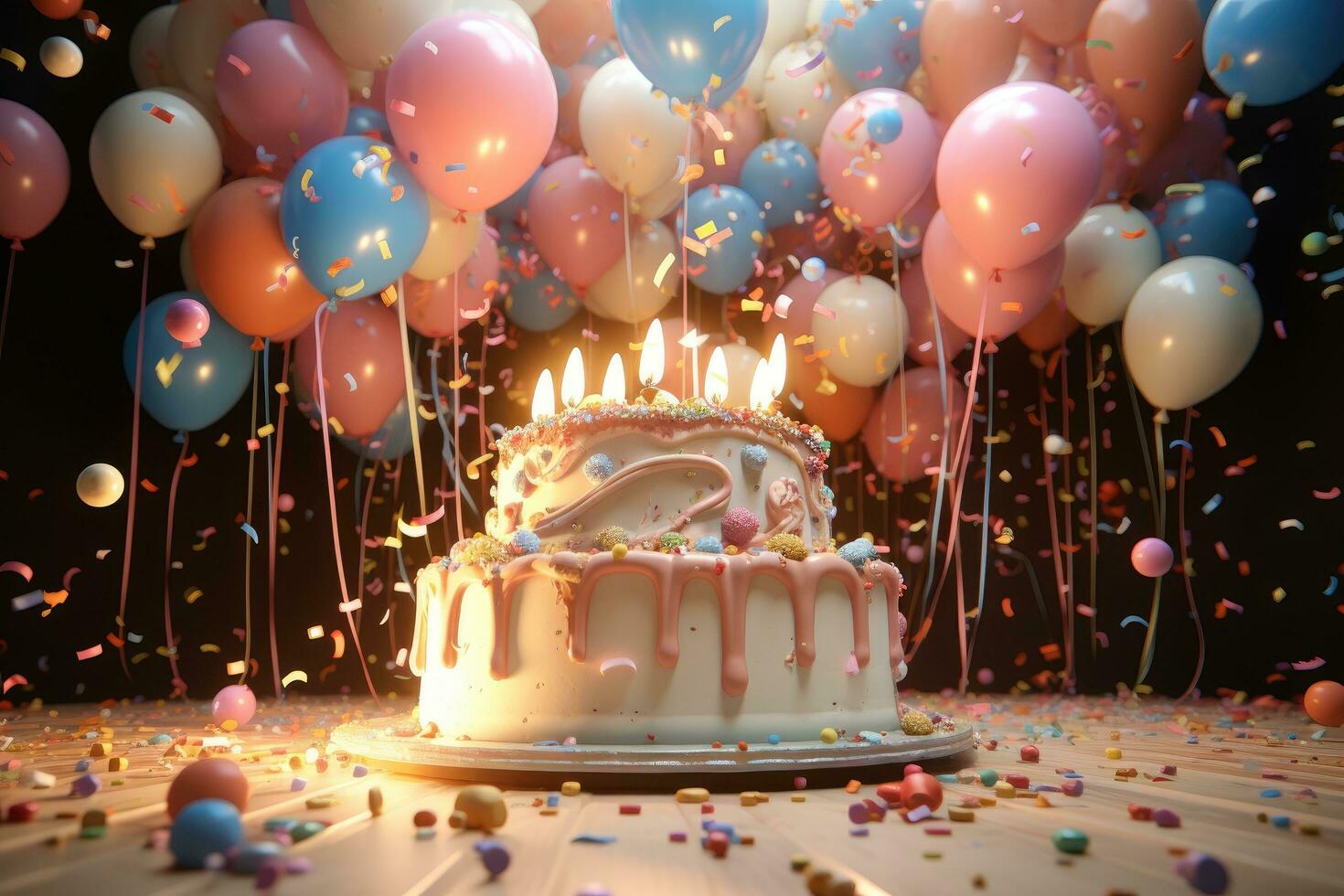 ai gerado aniversário bolo com velas, balões e confete em de madeira mesa, uma 3d render vitrines uma aniversário bolo com velas, balões, e confete, ai gerado foto