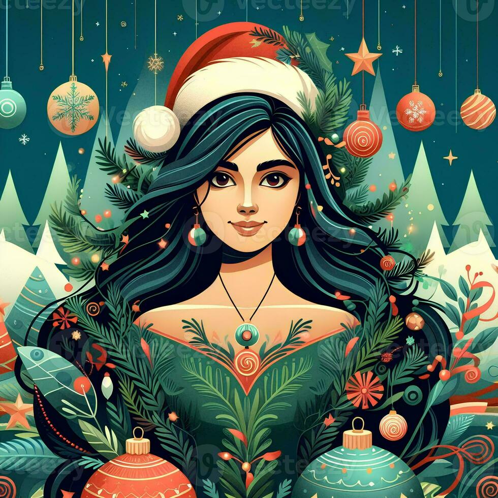menina dentro Natal poster estilo com uma festa, árvores, e bolas dentro a fundo foto