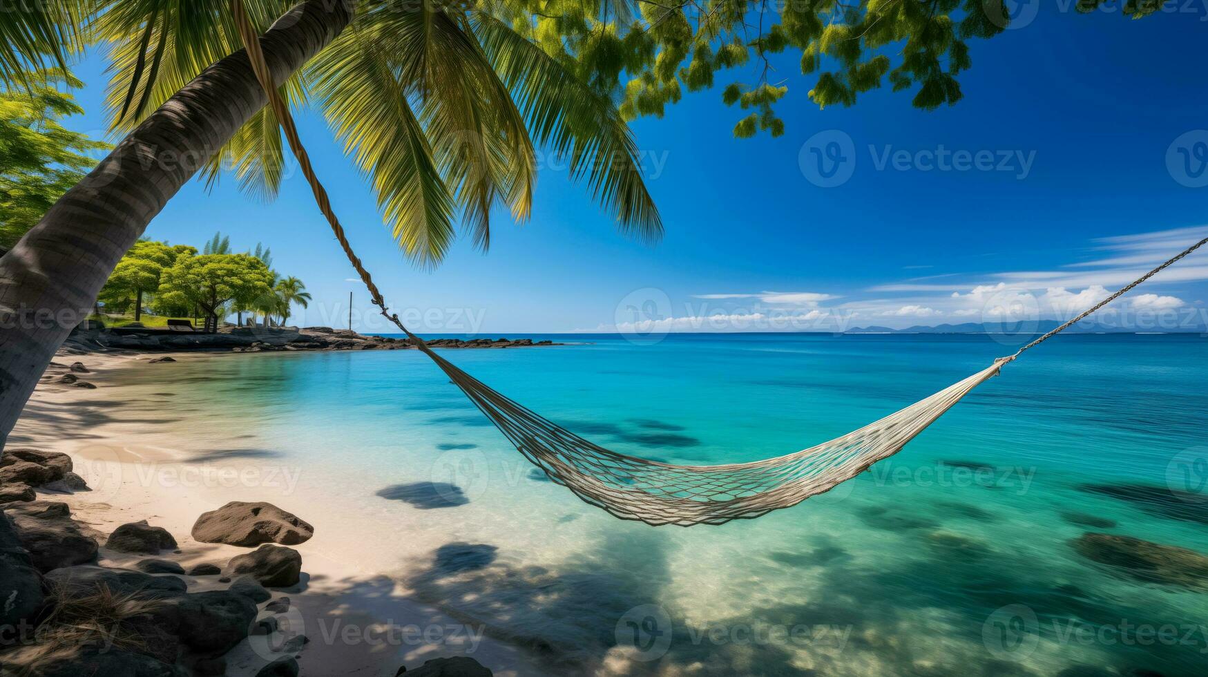 ai gerado idílico verão retiro, imaculado tropical de praia com cristal Claro águas, Palma árvores, e uma relaxante maca foto