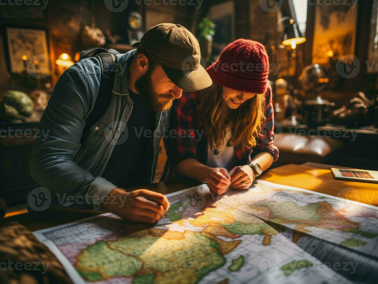 ai gerado uma alegre casal acionado dentro viagem planejamento com mapas, viagem guias, e eletrônico aparelhos foto