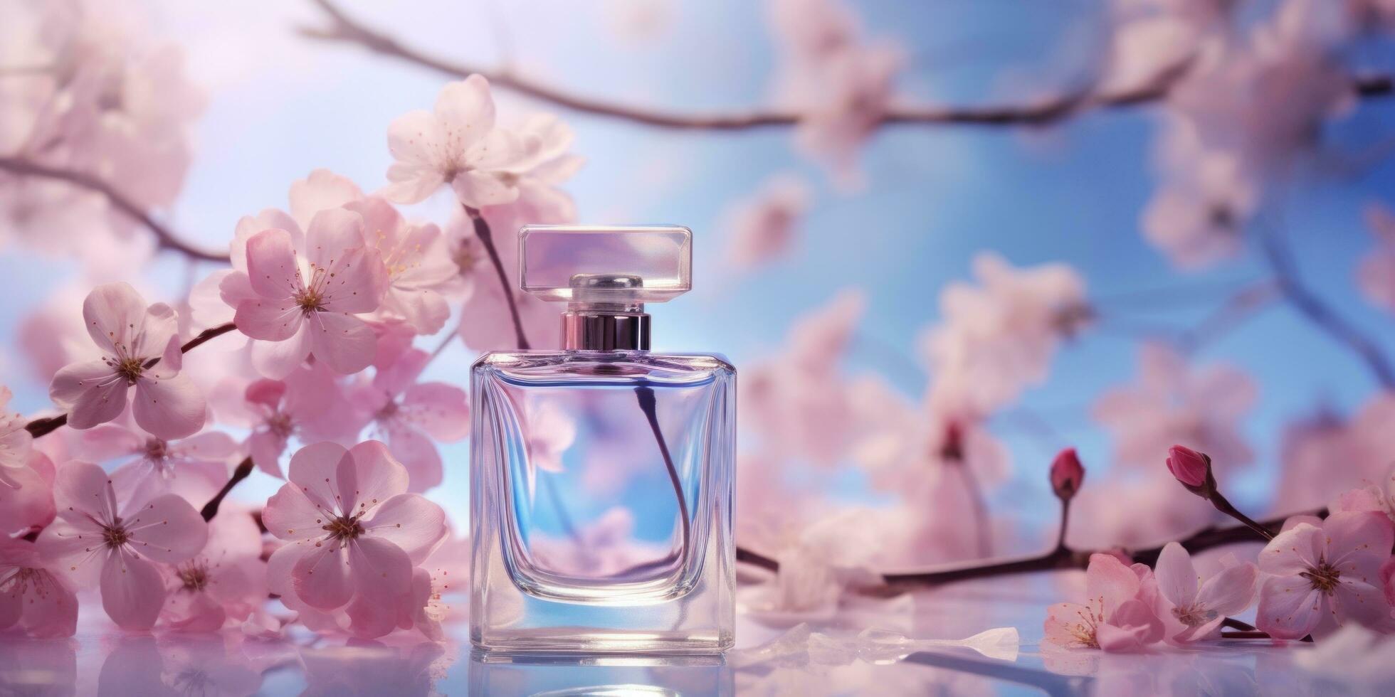ai gerado imagem do perfume garrafa com flor pétalas foto