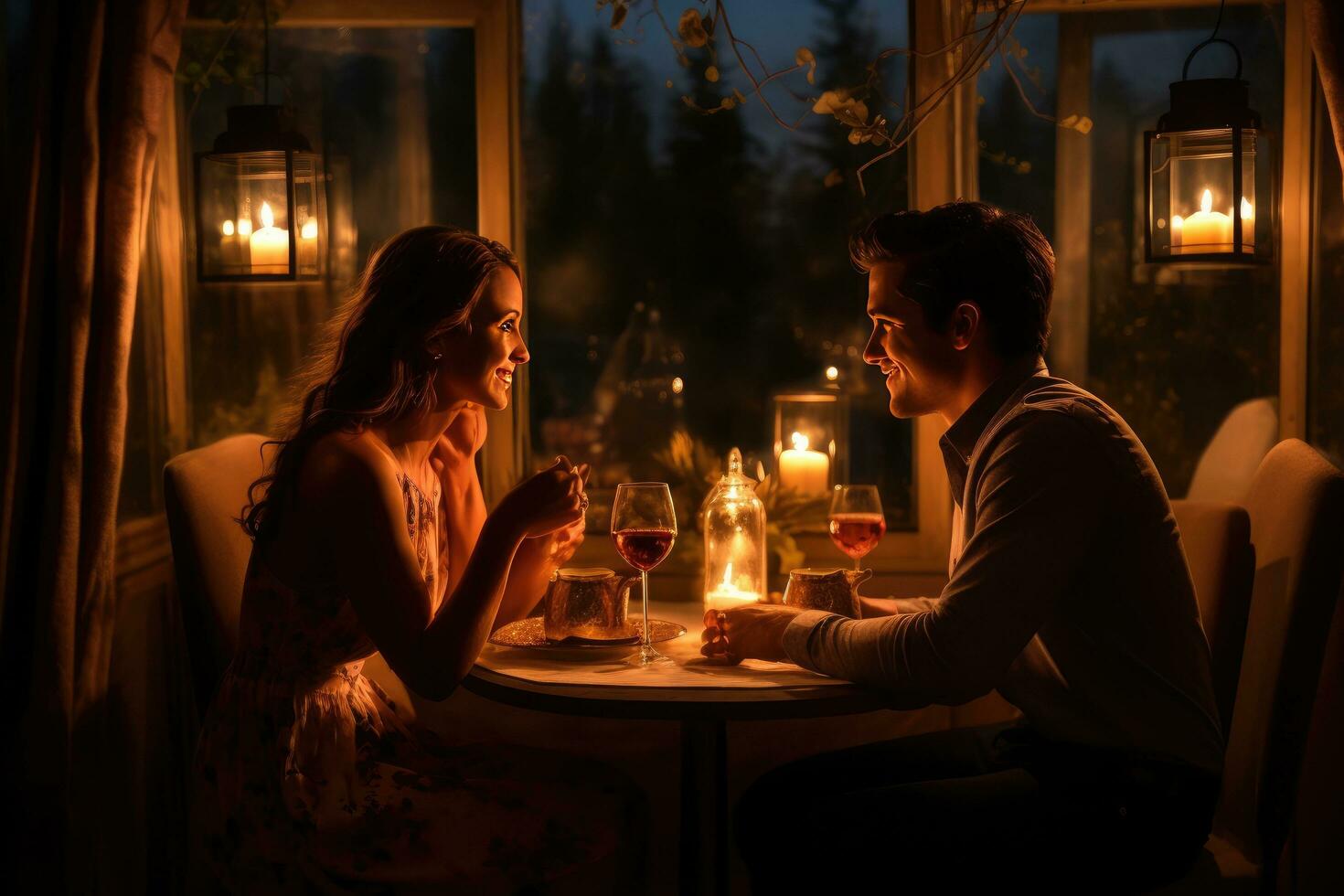 ai gerado feliz jovem casal dentro vela noite jantar tendo romântico jantar às lar, mulher fazer presente surpresa em vela luz encontro ai gerado foto