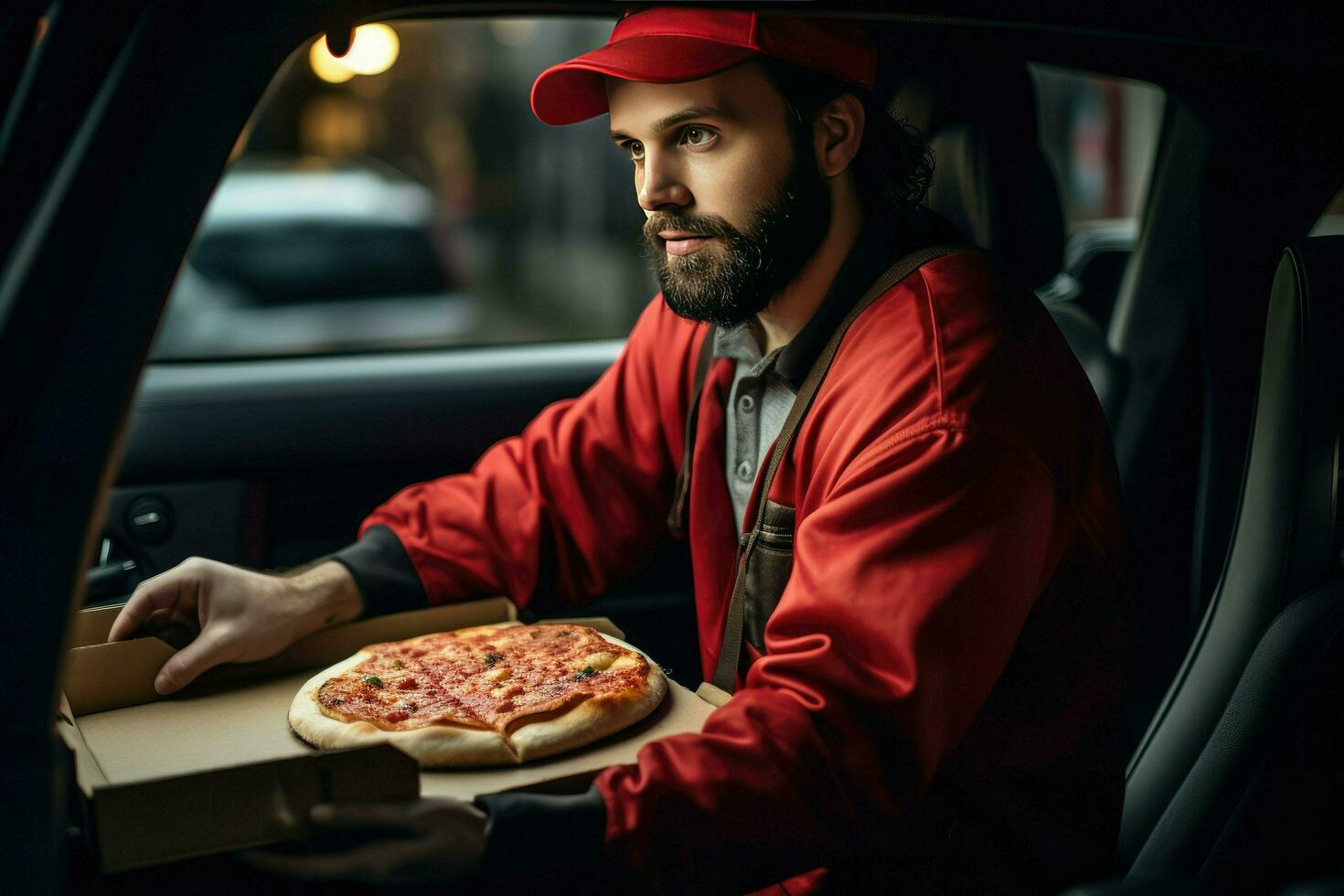 ai gerado pizza Entrega homem pronto para pizza caixas para cliente. Comida Entrega serviço, pizza para jovem homem às casa ai gerado foto