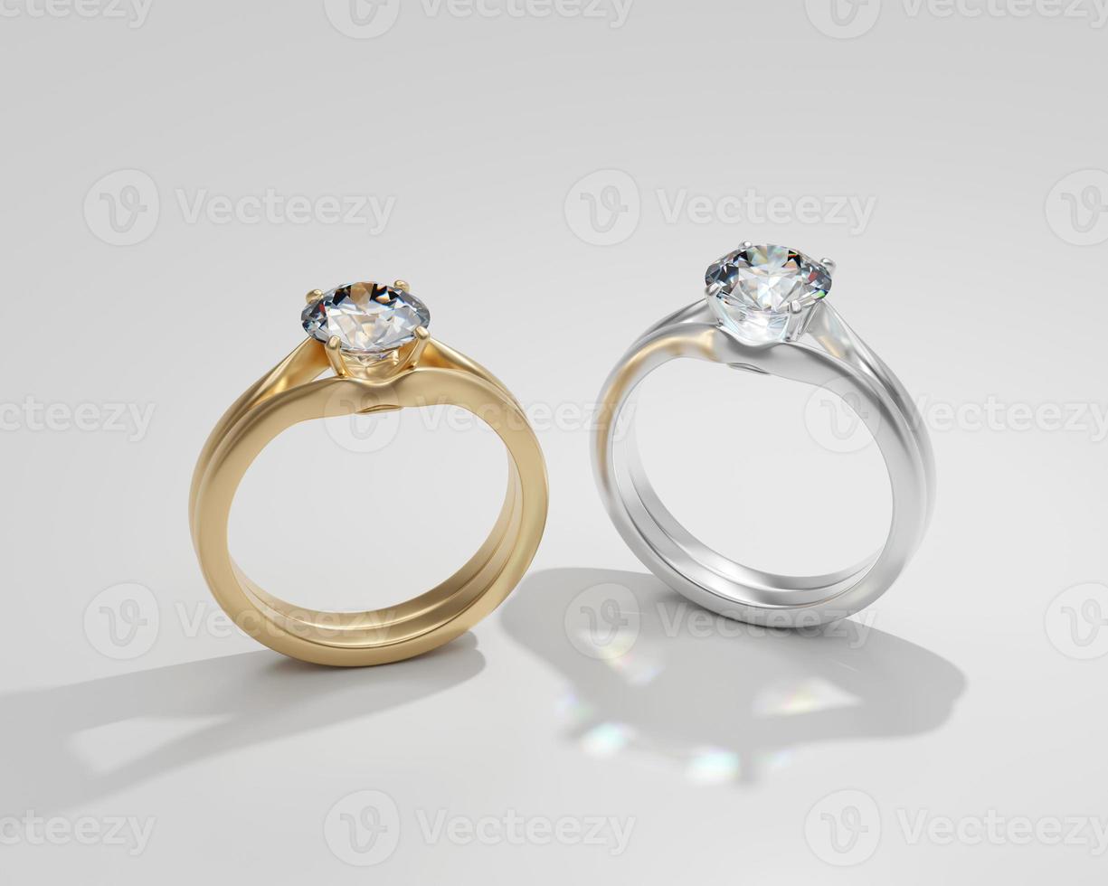 casal de anel de diamante ouro e prata isolado no fundo branco 3d render foto