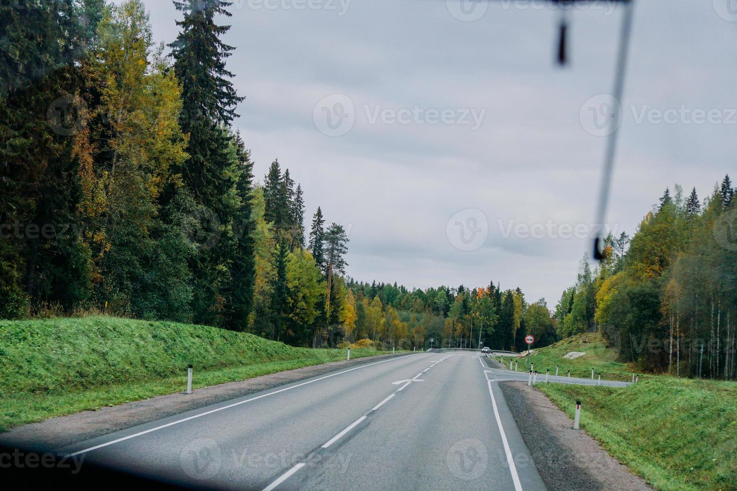 vista da estrada e da floresta de outono através da janela do ônibus. viagem foto