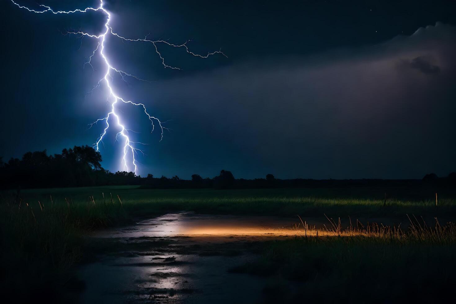 ai gerado relâmpago greves sobre uma pantanoso campo às noite foto