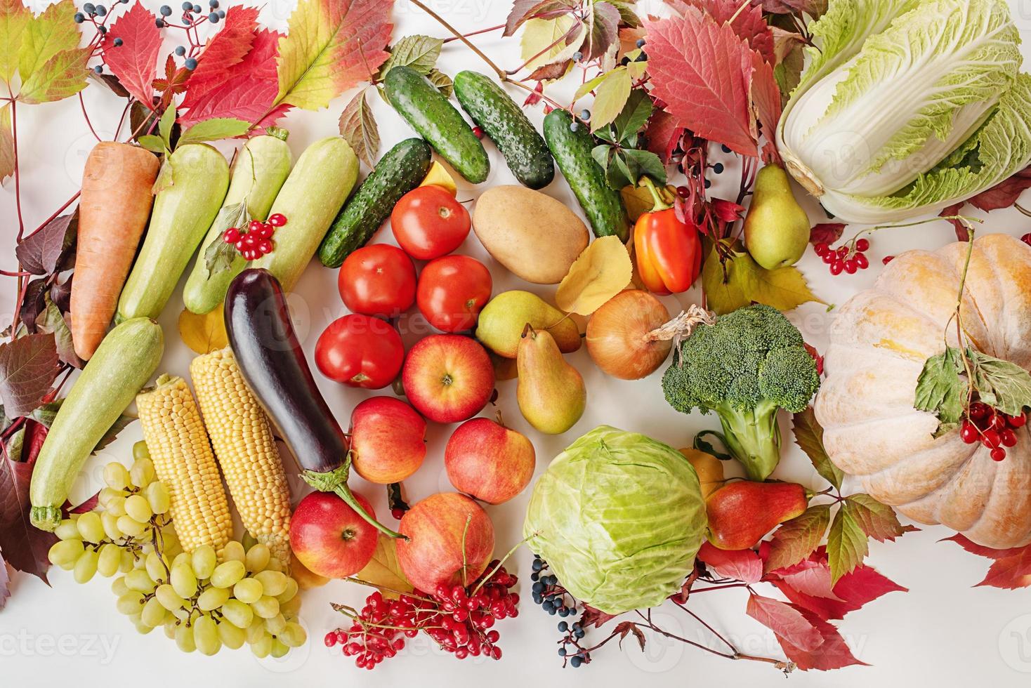dia de ação de graças ainda vida outonal. comida de outono. presentes de outono, vegetais, frutas, cereais. foto