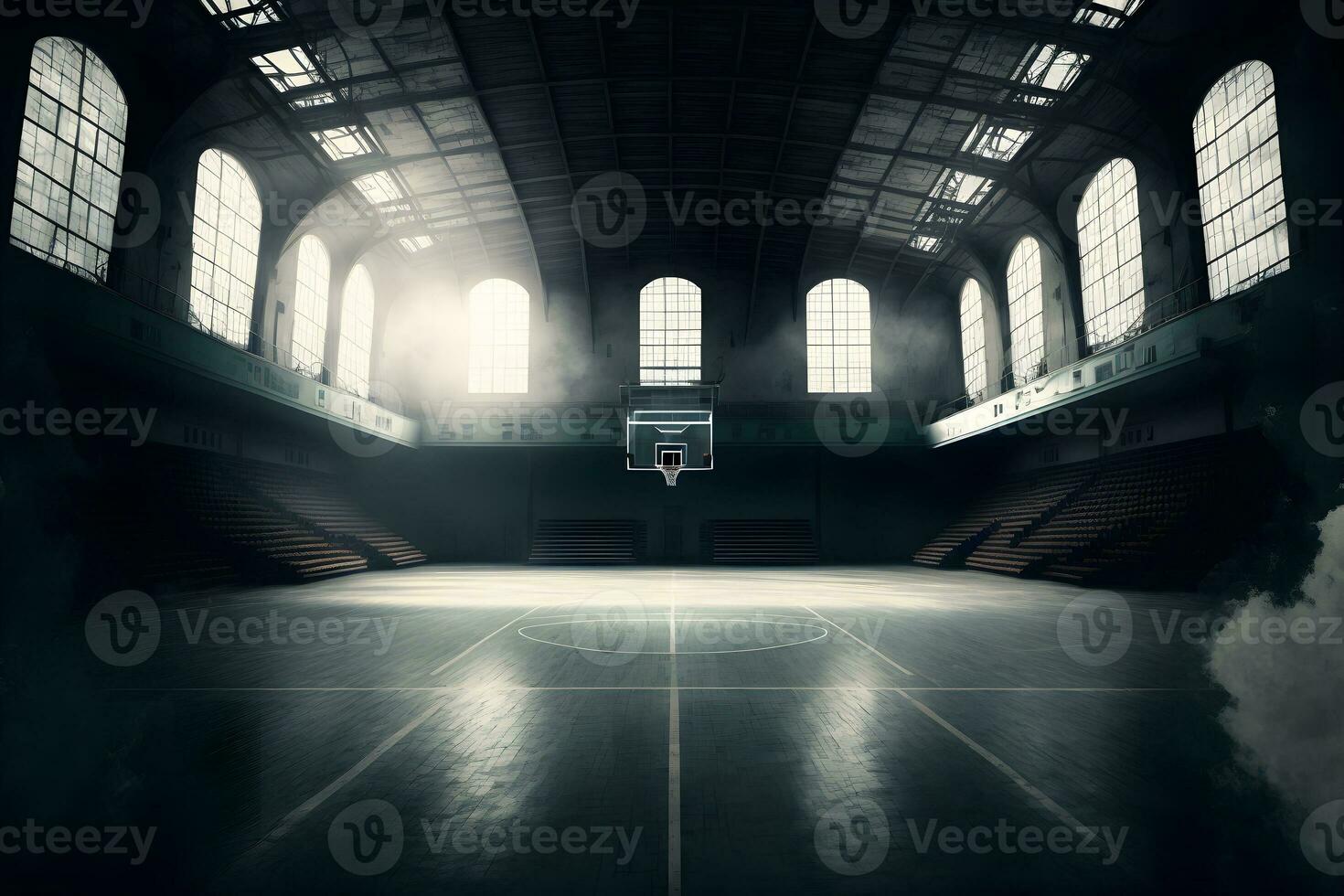 ai gerado interior Visão do a iluminado basquetebol estádio para uma jogo. neural rede gerado arte foto