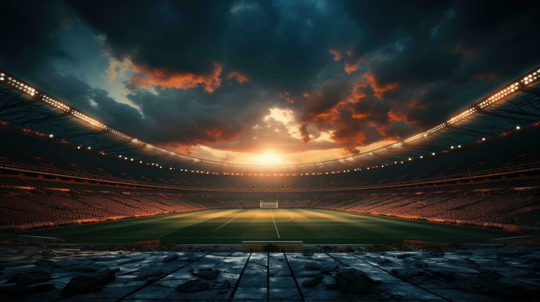 ai gerado ampla Esportes futebol estádio às pôr do sol, Visão a partir de a carrinhos para fãs em a futebol campo foto