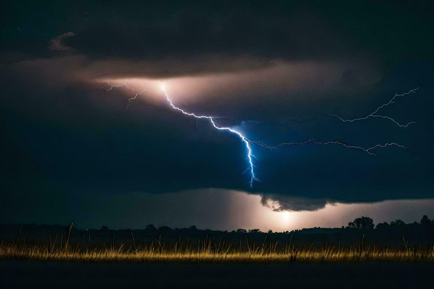 ai gerado relâmpago greves sobre uma campo às noite foto