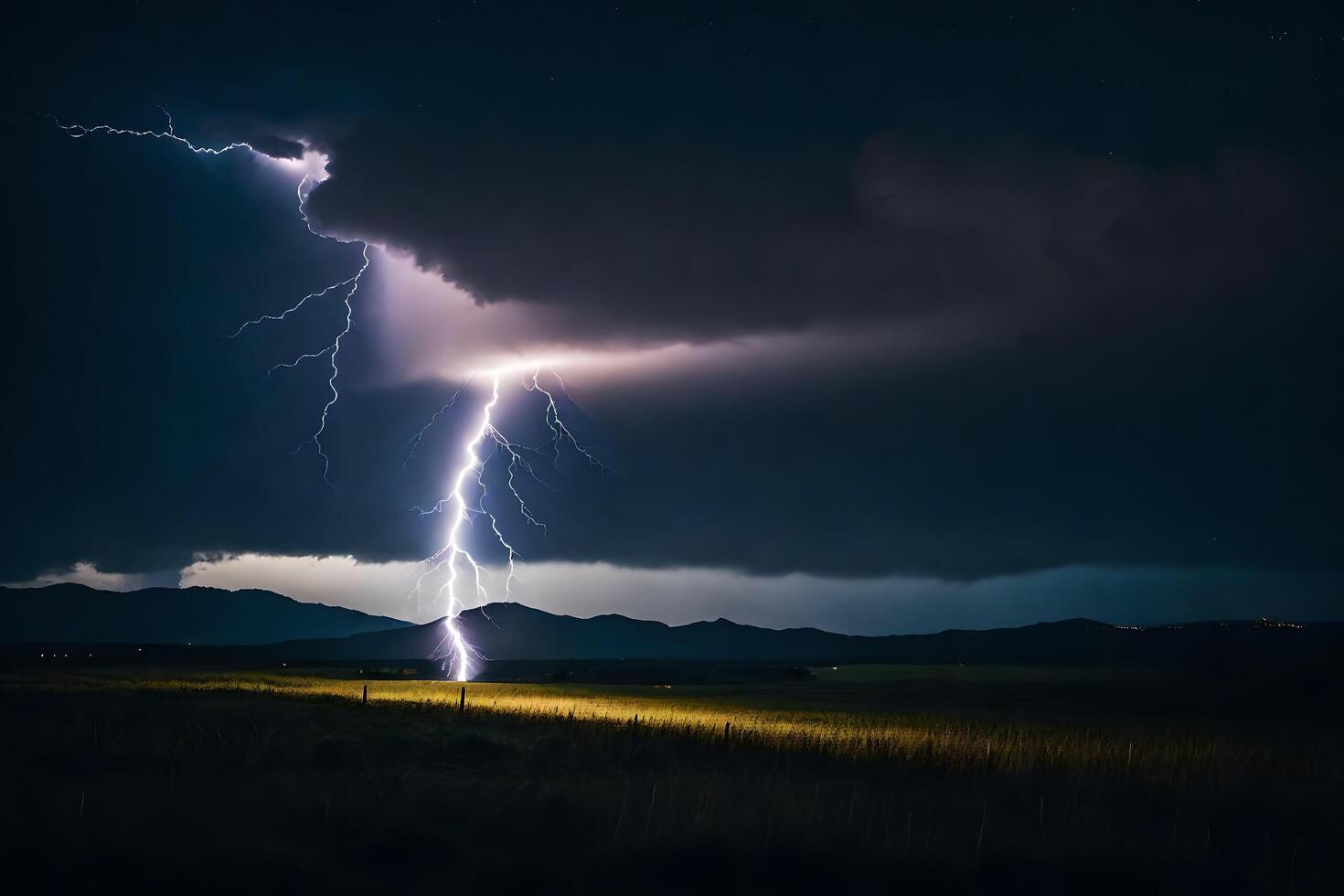 ai gerado uma relâmpago parafuso greves sobre uma campo dentro a Sombrio foto