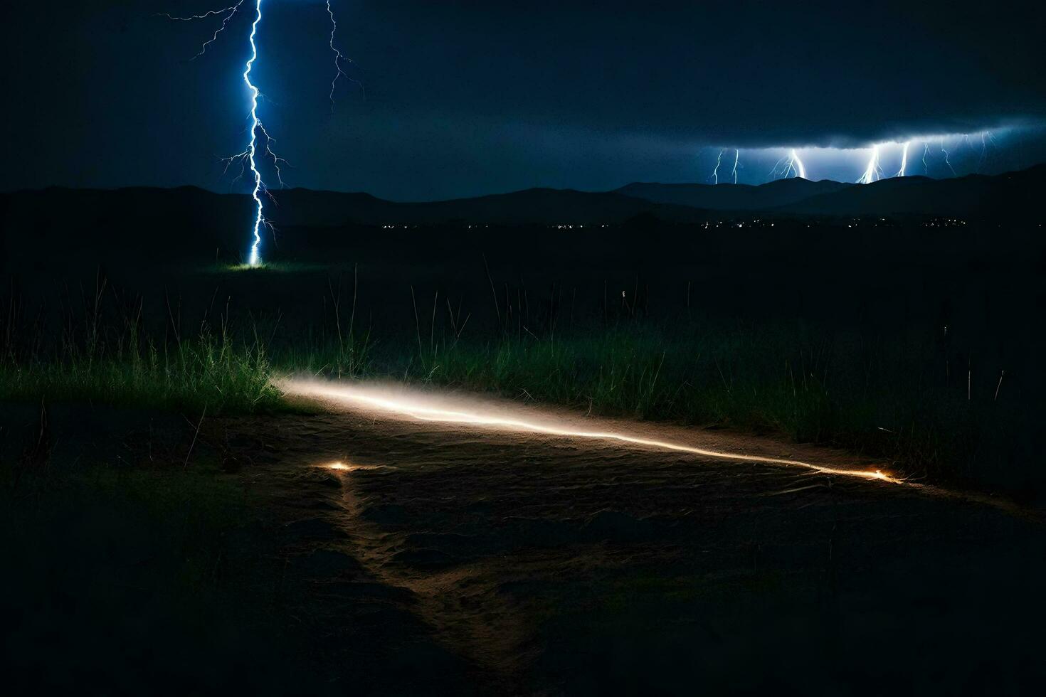 ai gerado relâmpago greves sobre uma sujeira estrada dentro a Sombrio foto