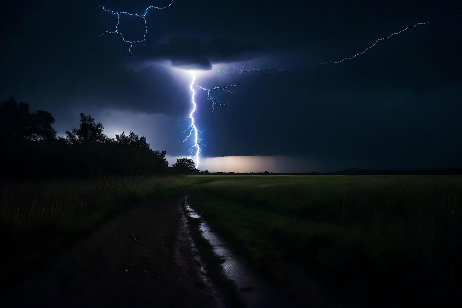 ai gerado uma relâmpago parafuso é visto dentro a céu sobre uma campo foto