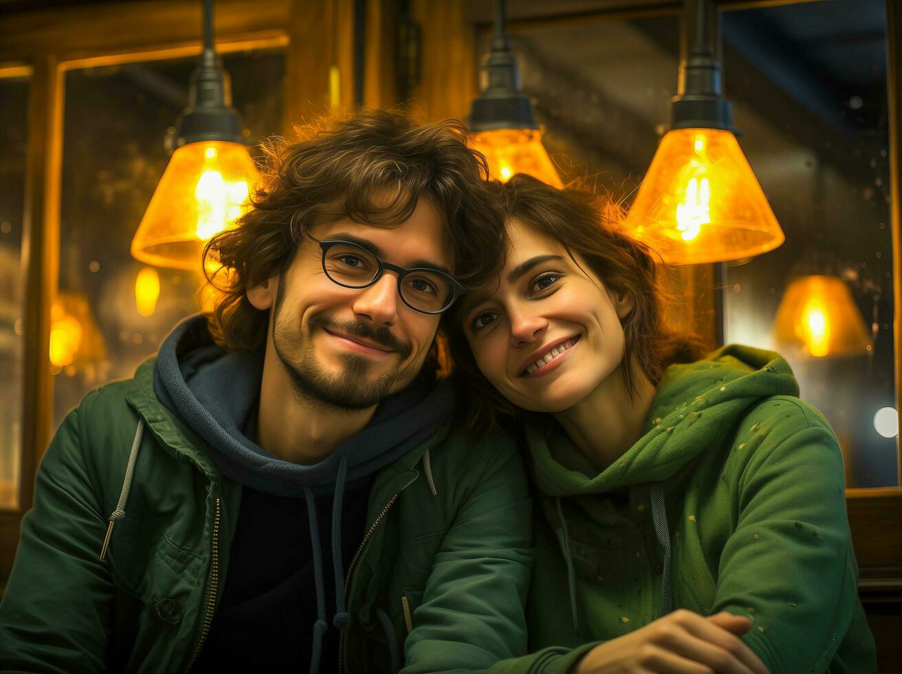 ai gerado uma jovem casal dentro uma cafeteria dentro a tarde. foto